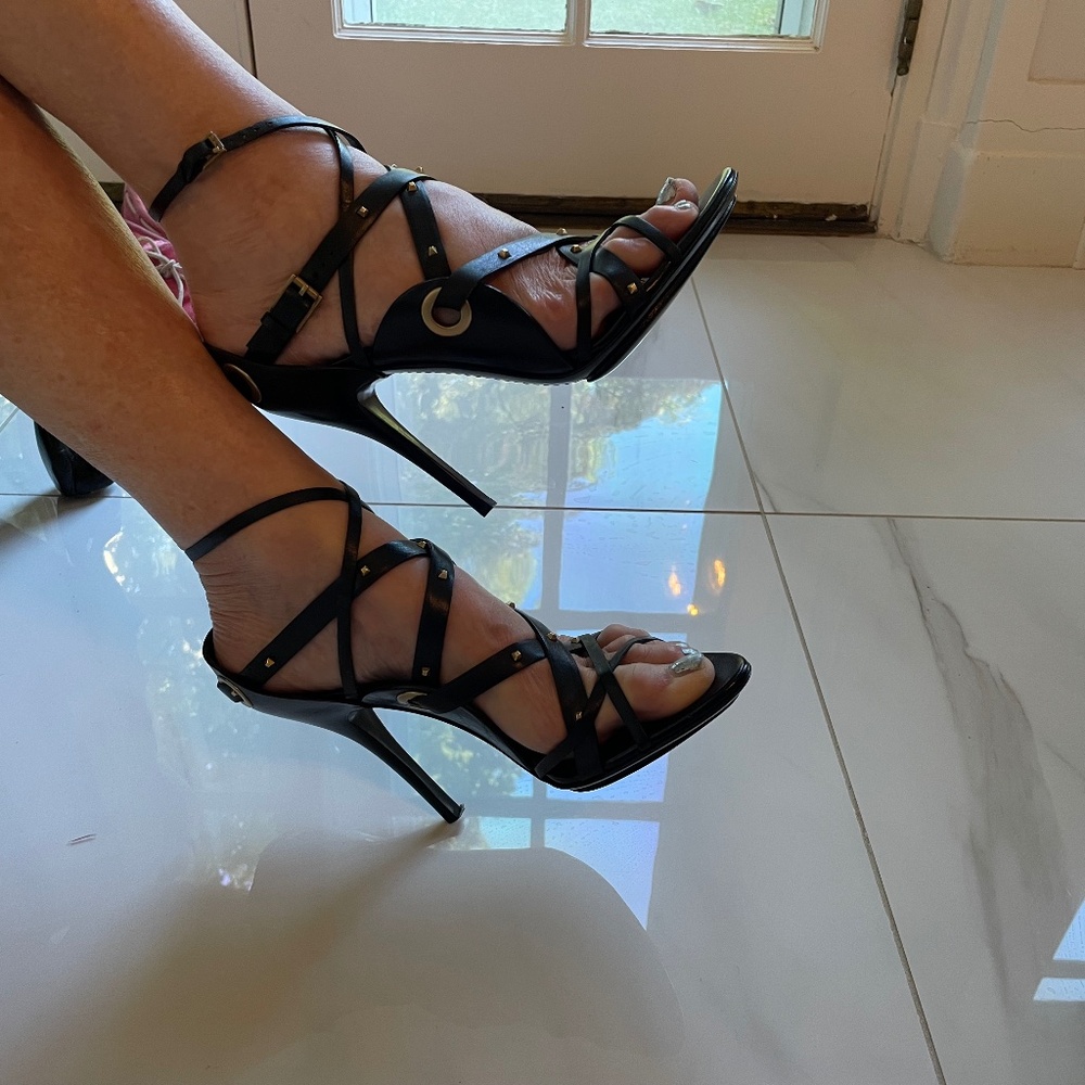 Designer GUCCI LEATHER STUDDED HEELED SANDAL